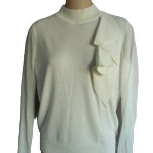 PAISIE VERTICAL FLOUNCE SHEER SLEEVES WHITE KNIT TOP M